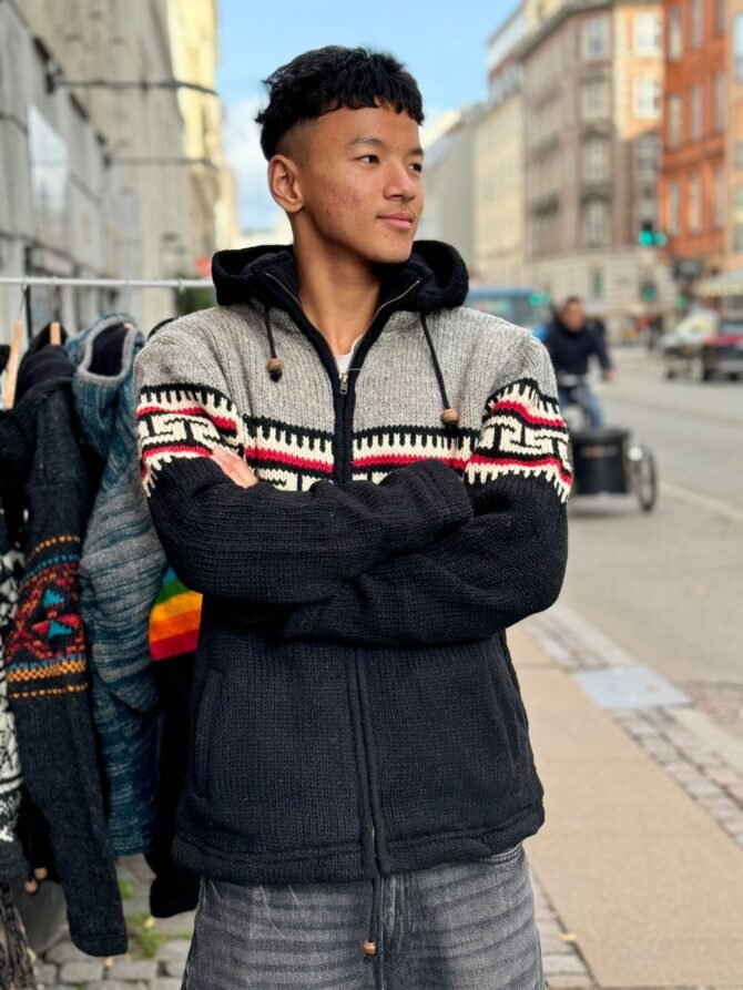 Handmade Woolen Jacket from Nepal – Black & Grey Ethnic Pattern Hoodie - Image 2